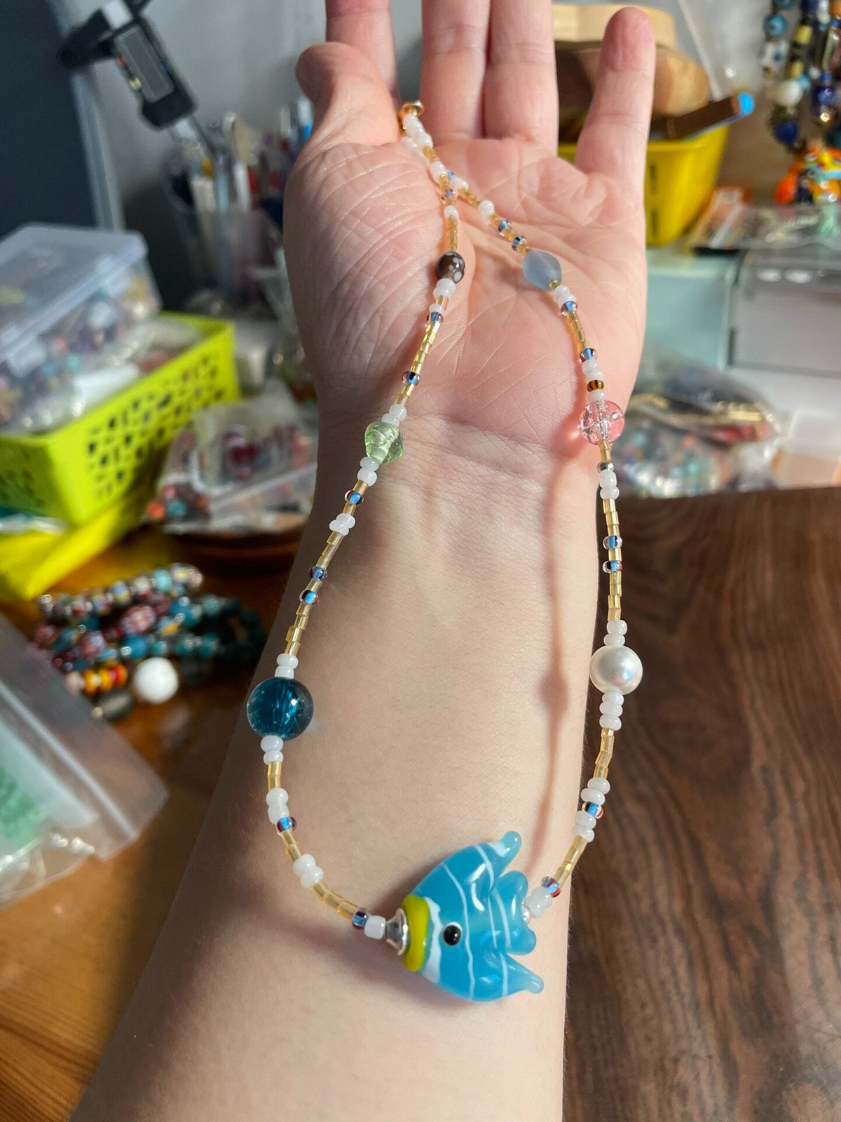 Handcrafted Beaded Necklace Blue Fish Pendant
