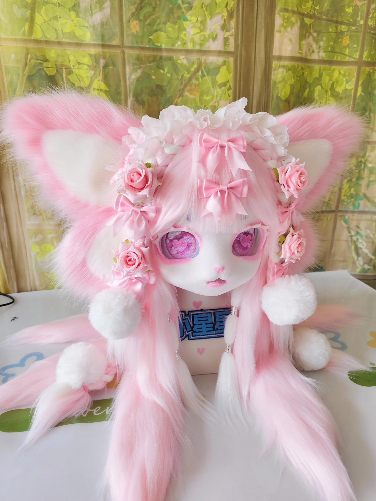 Masque kigurumi intégral en fausse fourrure rose