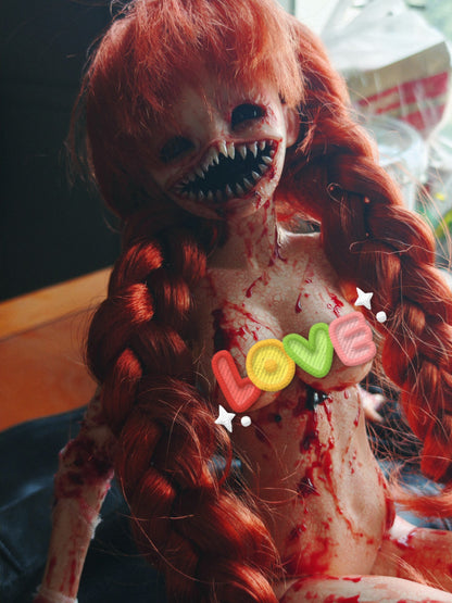 Custom Horror BJD Doll with Cracked Skin and Red Braids