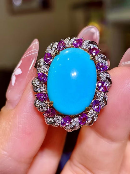 18K Gold Sleeping Beauty Turquoise Ring with Purple Sapphire and Diamond Halo