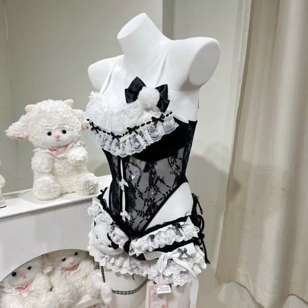 Black White Lace Cami Shorts Set