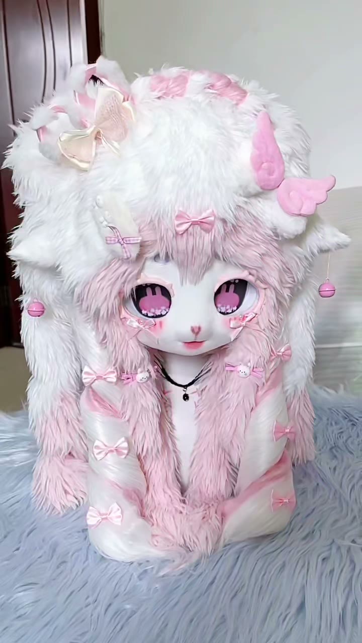 White Pink Faux Fur Fursuit Head