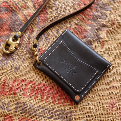 Black Leather Flap Pouch with Brass Snap Buttons and Contrast Stitching