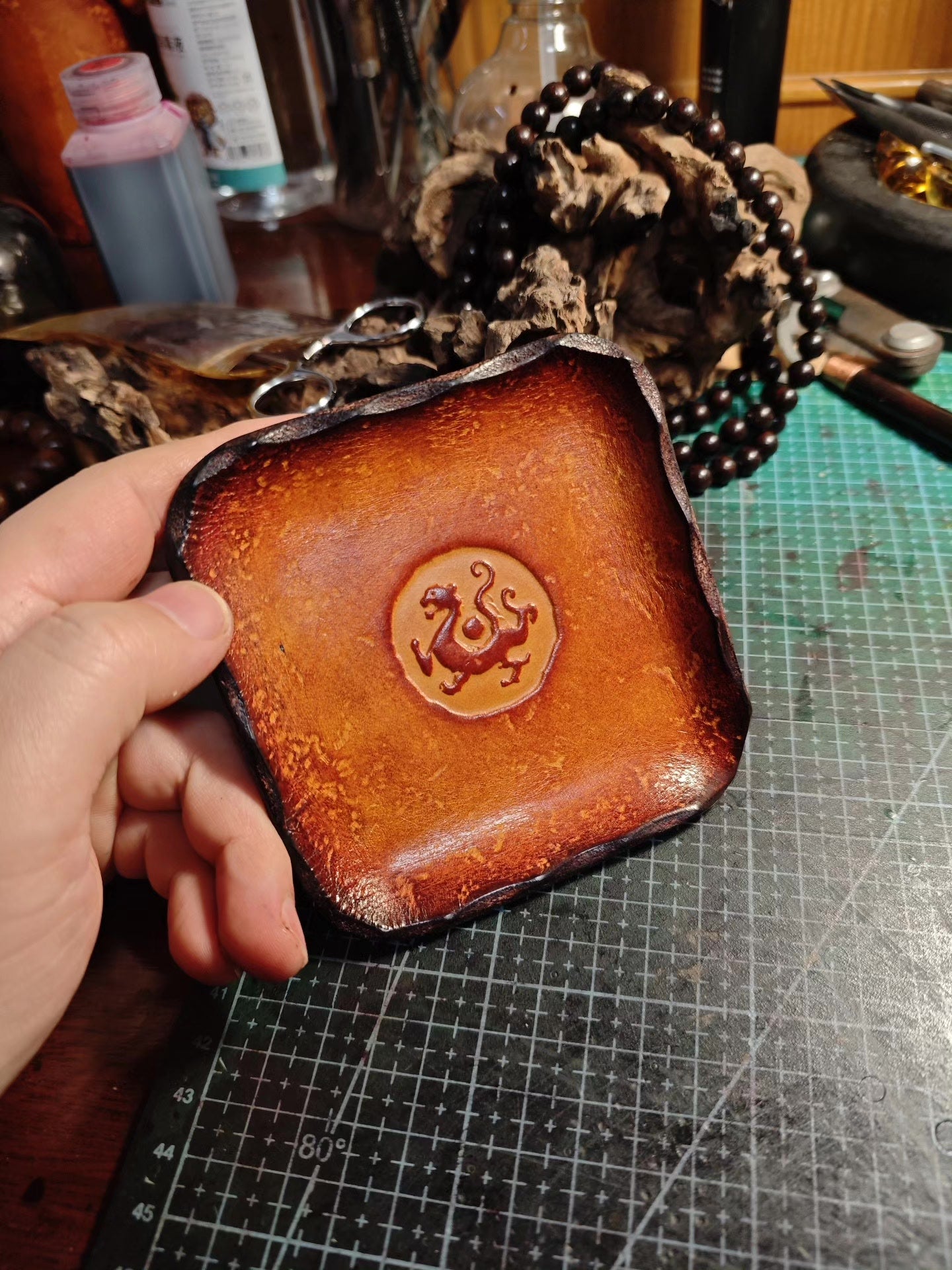 Handcrafted Italian Leather Tray with Embossed Mythical Creature Emblem
