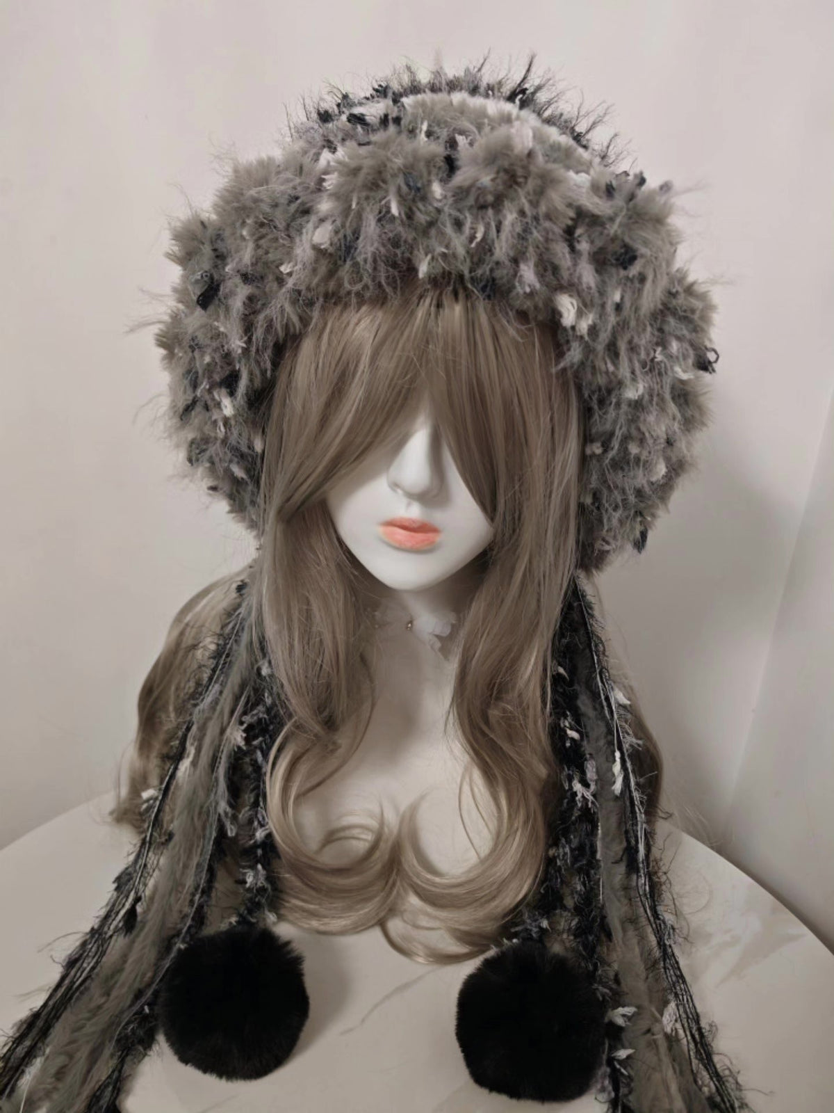 Gray Black Hooded Drawstring Headwear