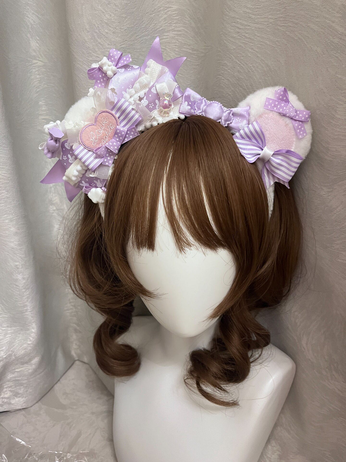 Plush Cat Ear Headband with Lavender Bows
