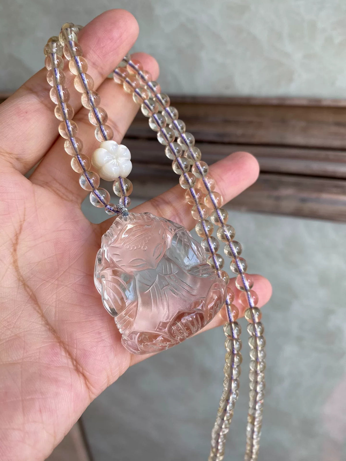 Citrine Beaded Necklace with Carved Fox Pendant