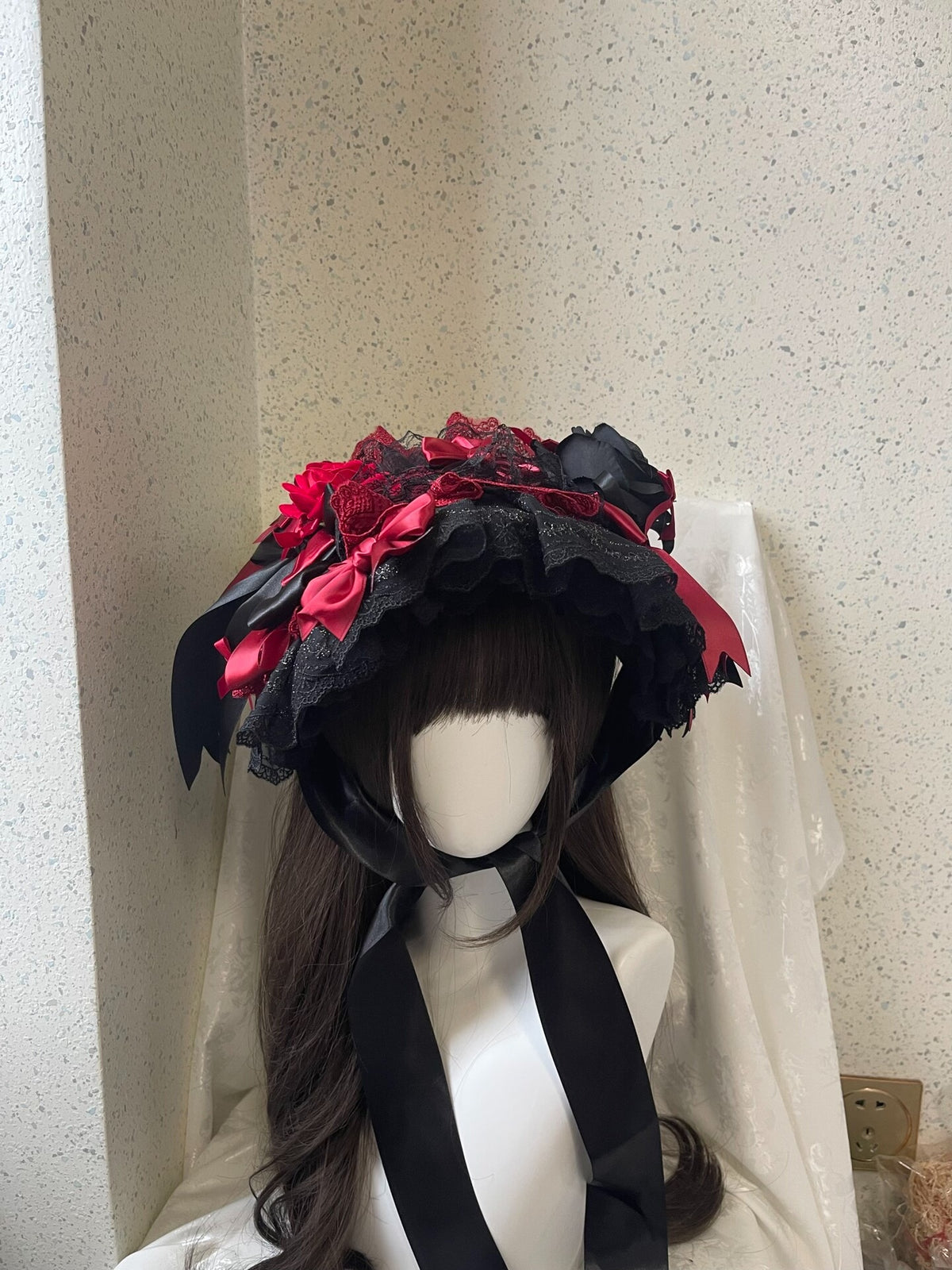 Handmade Lolita Gothic Flat Bonnet Black Red