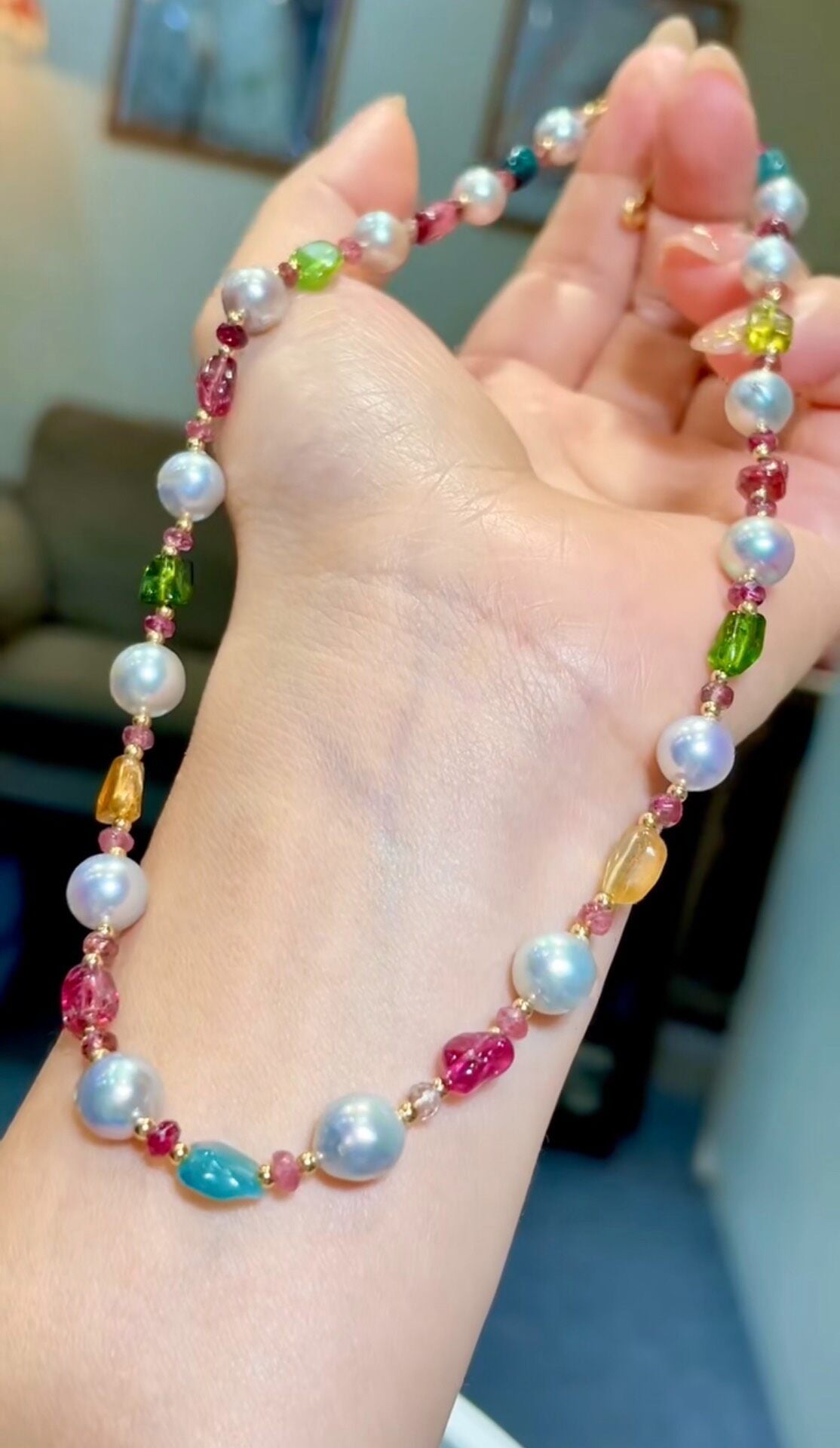 Beryl and Freshwater Pearl Necklace with 18K Gold Clasp