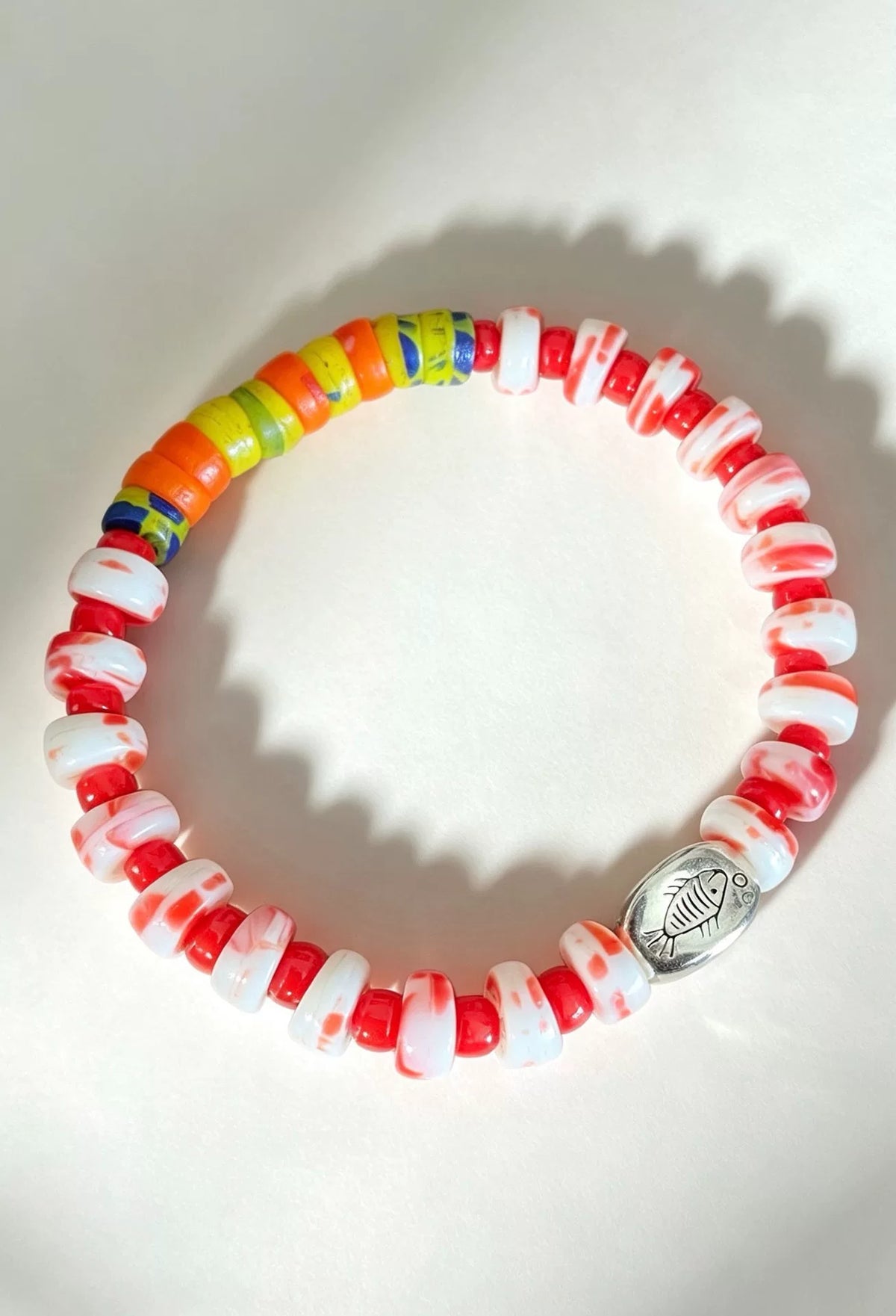 Pulseira de Contas de Vidro Antigo Vermelho Branco Multicolor