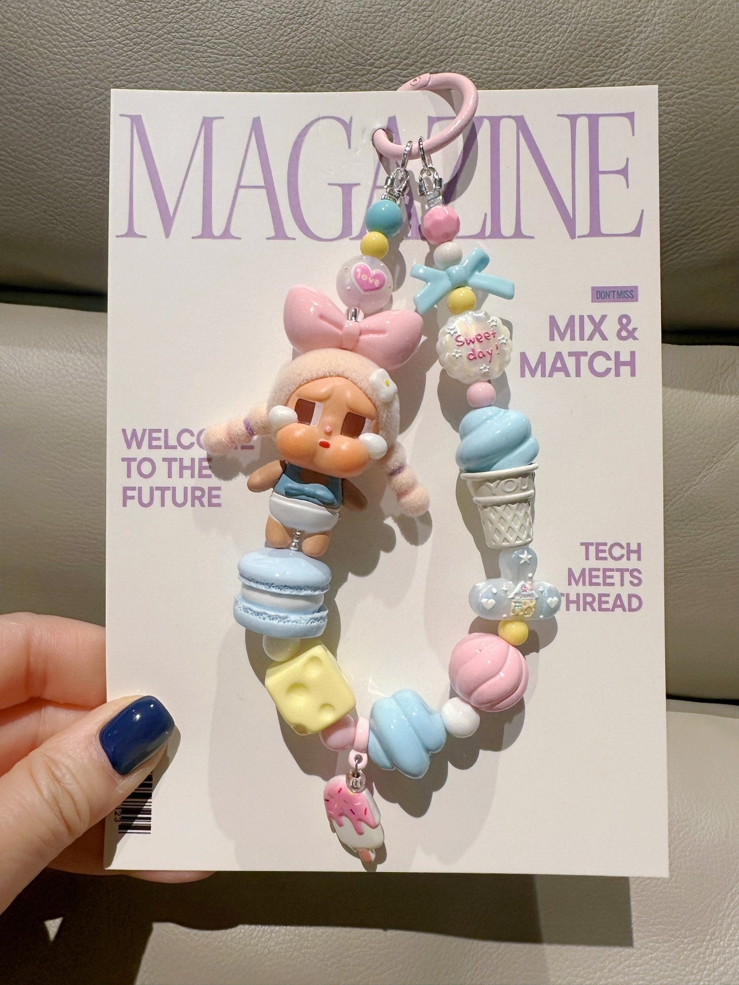 Pop Mart Crying Beach Baby Phone Strap Bag Charm Keychain with Macaron and Ice Cream Charms