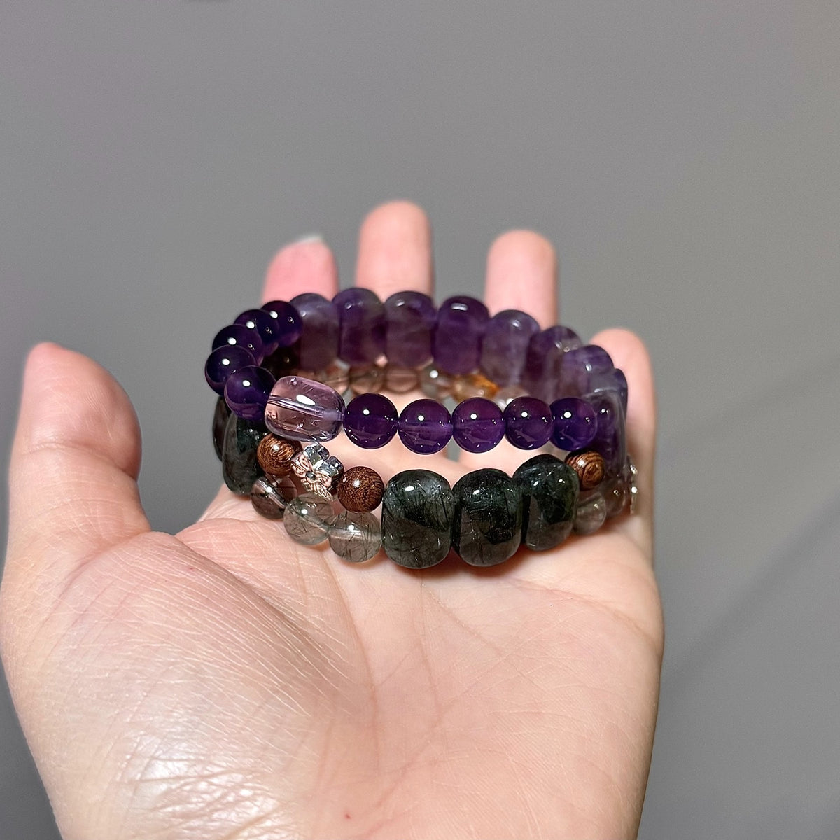 Amethyst Green Rutilated Quartz Three Wrap Bracelet