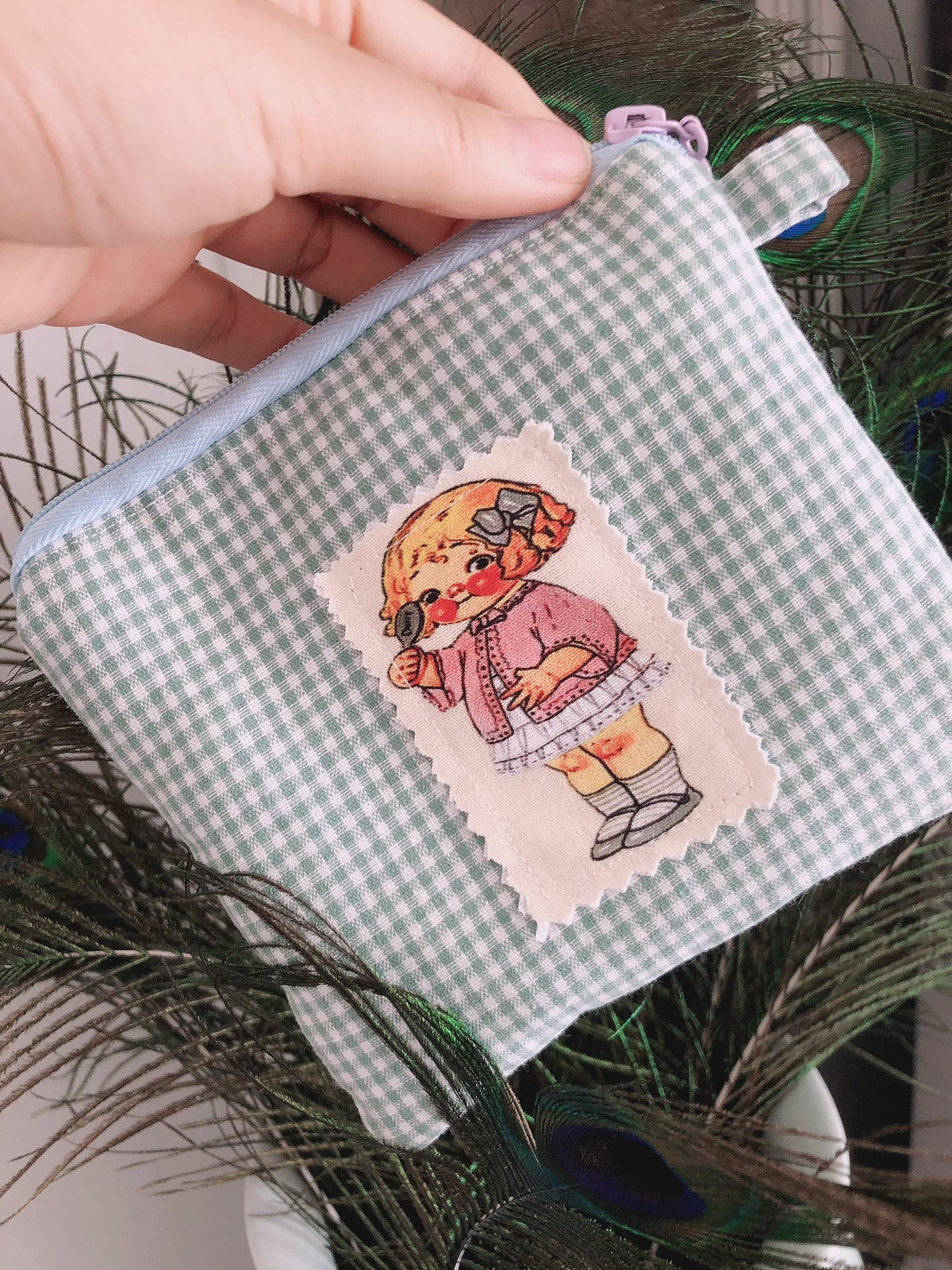 Handgemaakt Gingham Stof Muntenportje 14x12cm