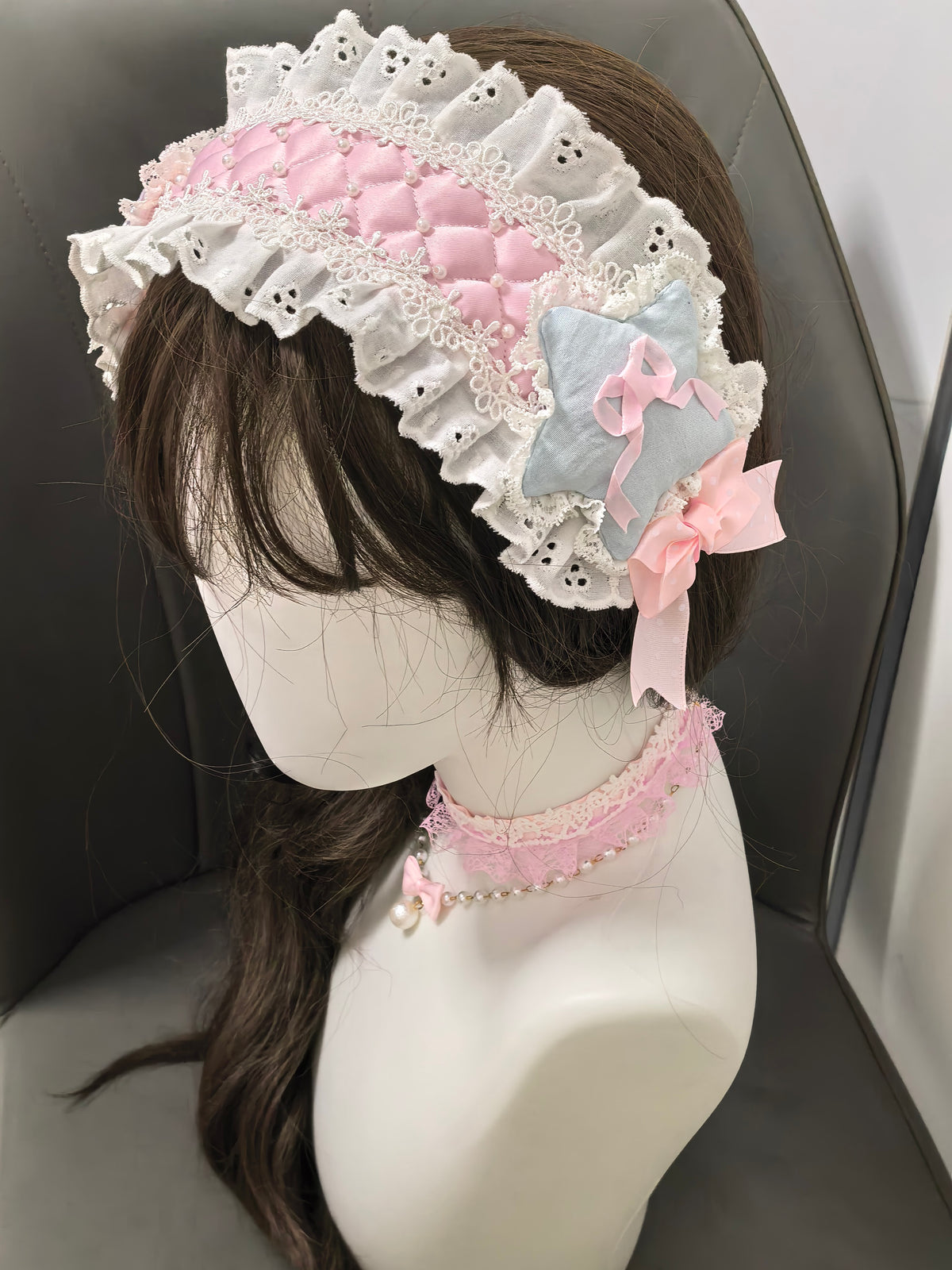 Faixa de Cabelo Lolita Pastel Acaroada com Estrelas e Pérolas