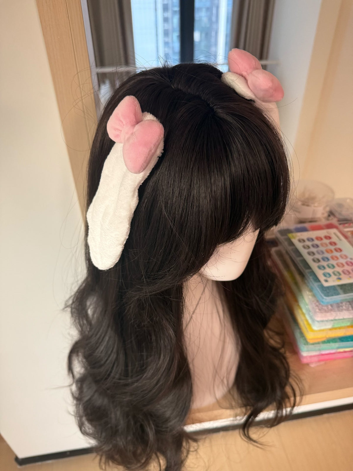 Plush Pink Bow White Rabbit Ear Hair Accessory