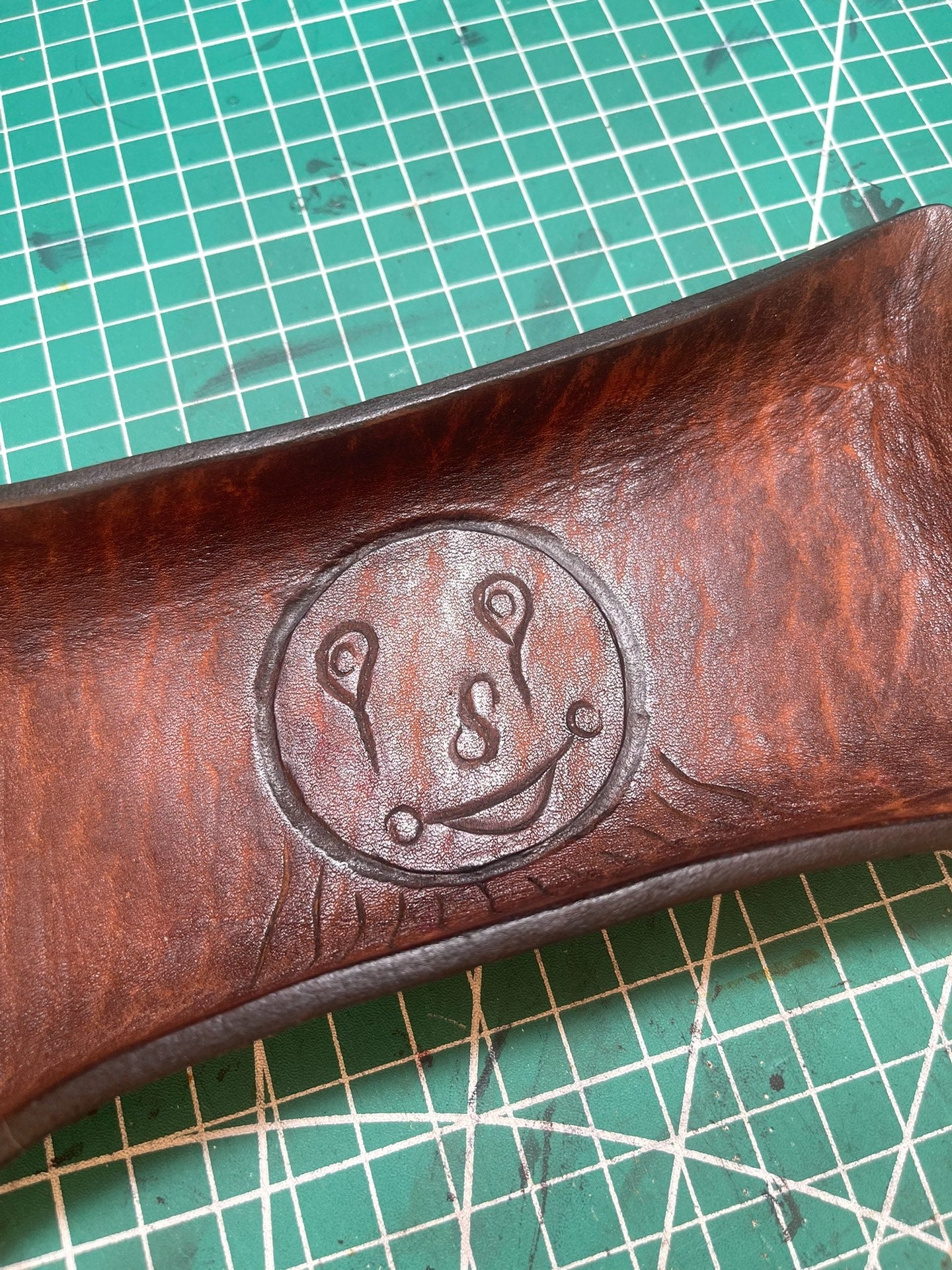 Hand-Carved Full-Grain Leather Pillow Tray with Embossed Center Motif