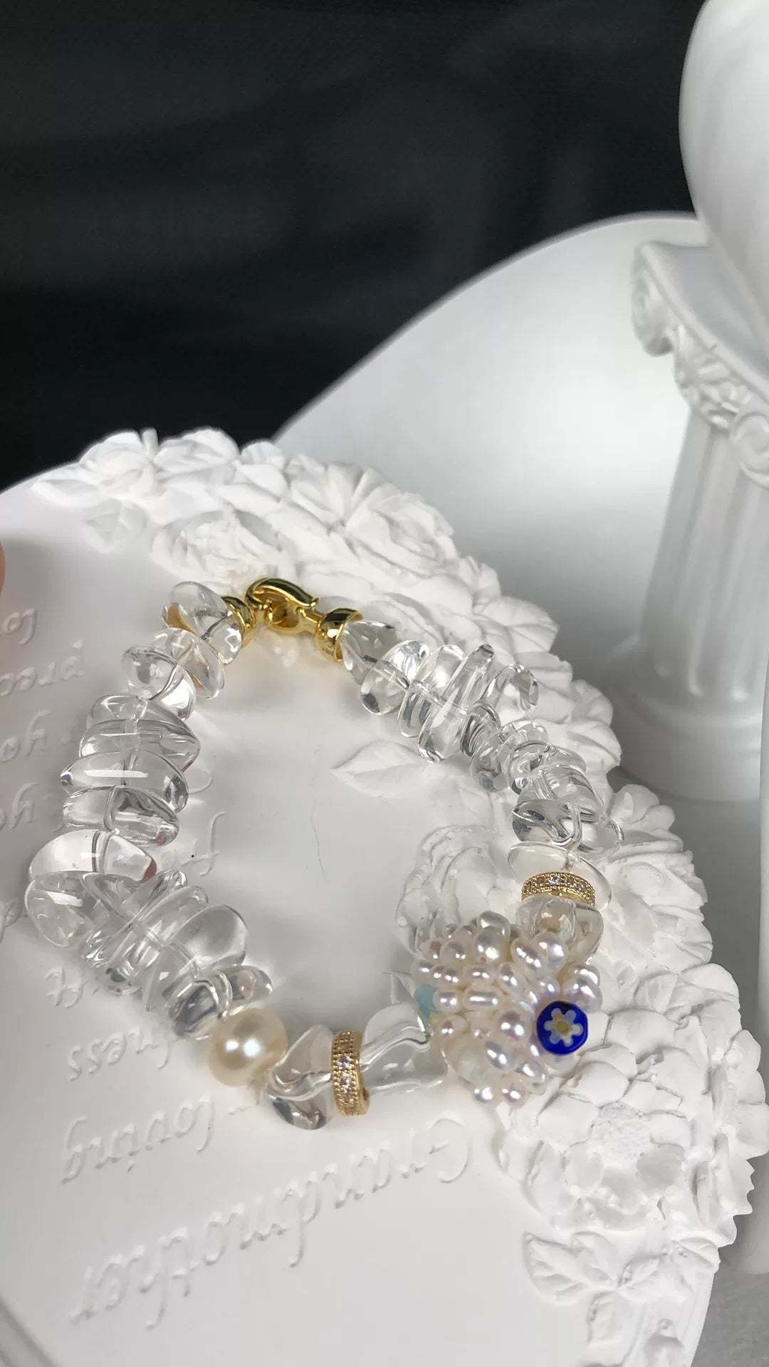 Pulseira Tecida de Quartzo Transparente e Pérola Keshi