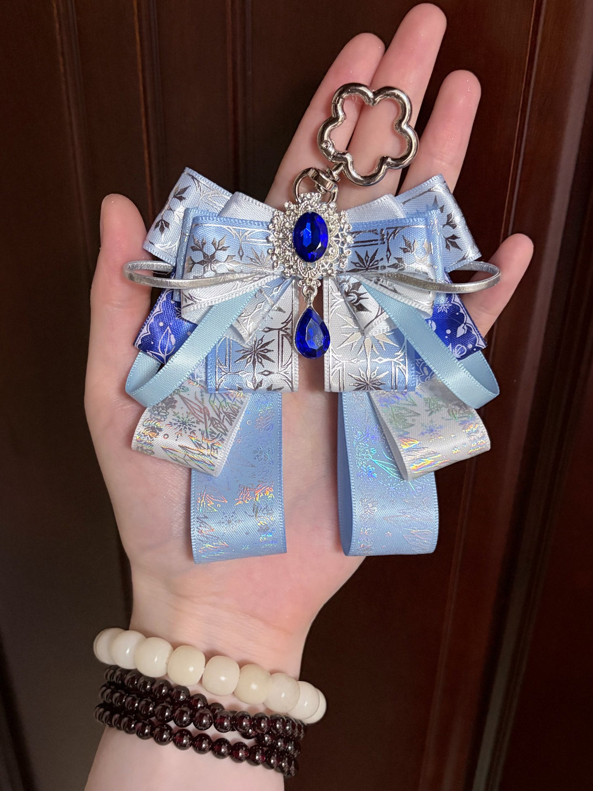 Light Blue Bow Keychain with Blue Gemstone