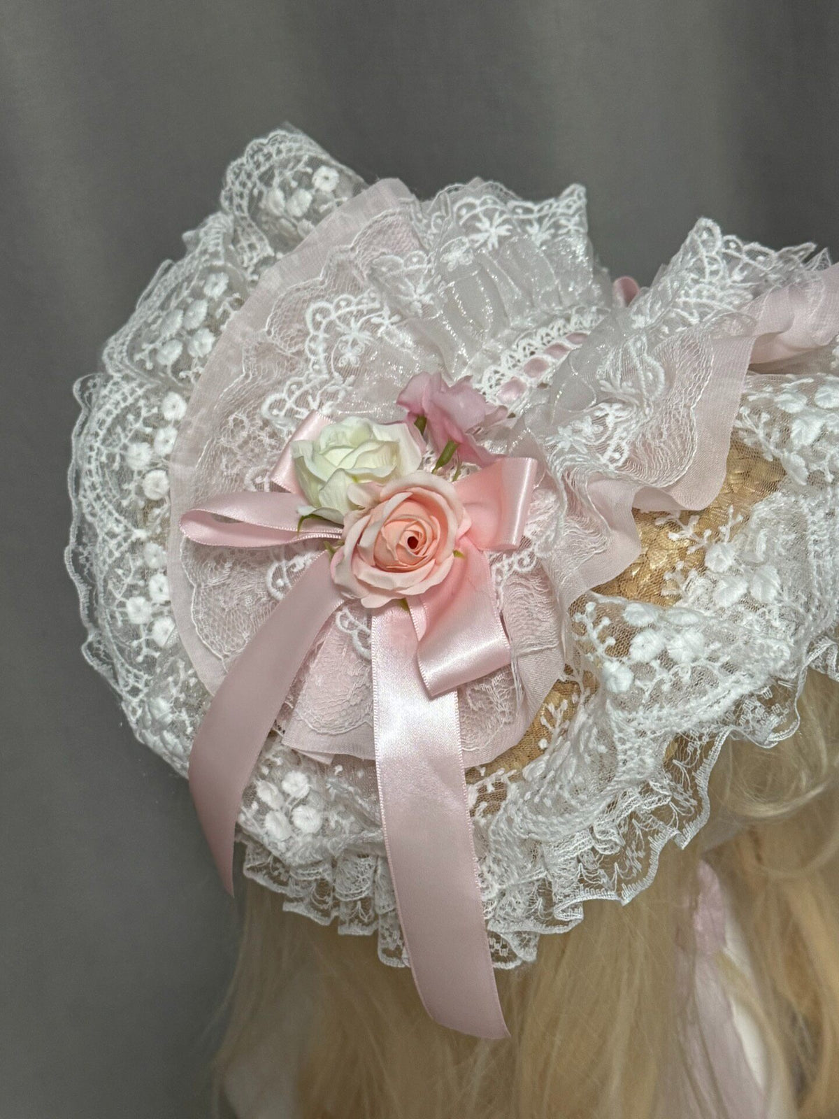 Handmade Straw Bonnet Pink Lace Lolita