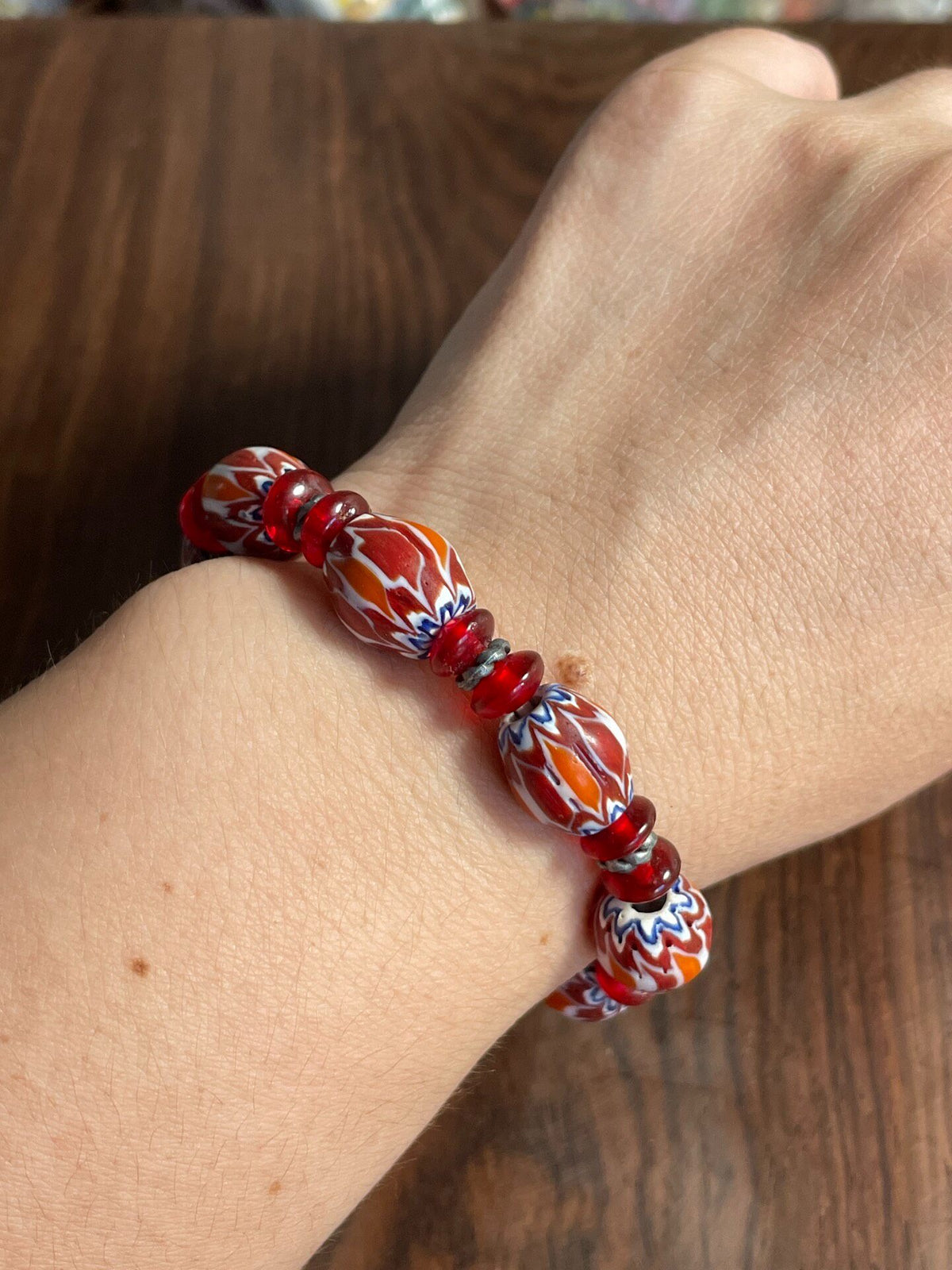 Handmade Glass Beaded Bracelet Red Orange Marbled