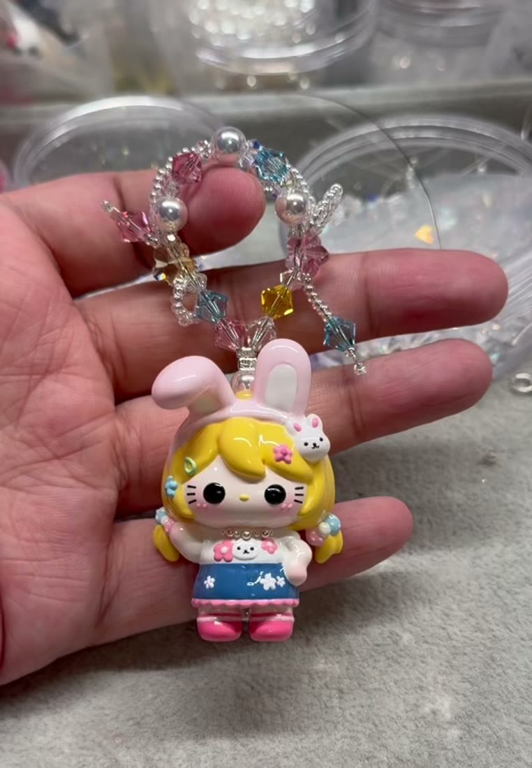 Handmade Beaded Phone Strap with Rabbit Girl Figurine