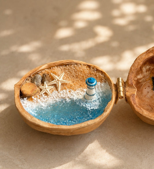 Walnut Shell Miniature Diorama with Coastal Scene