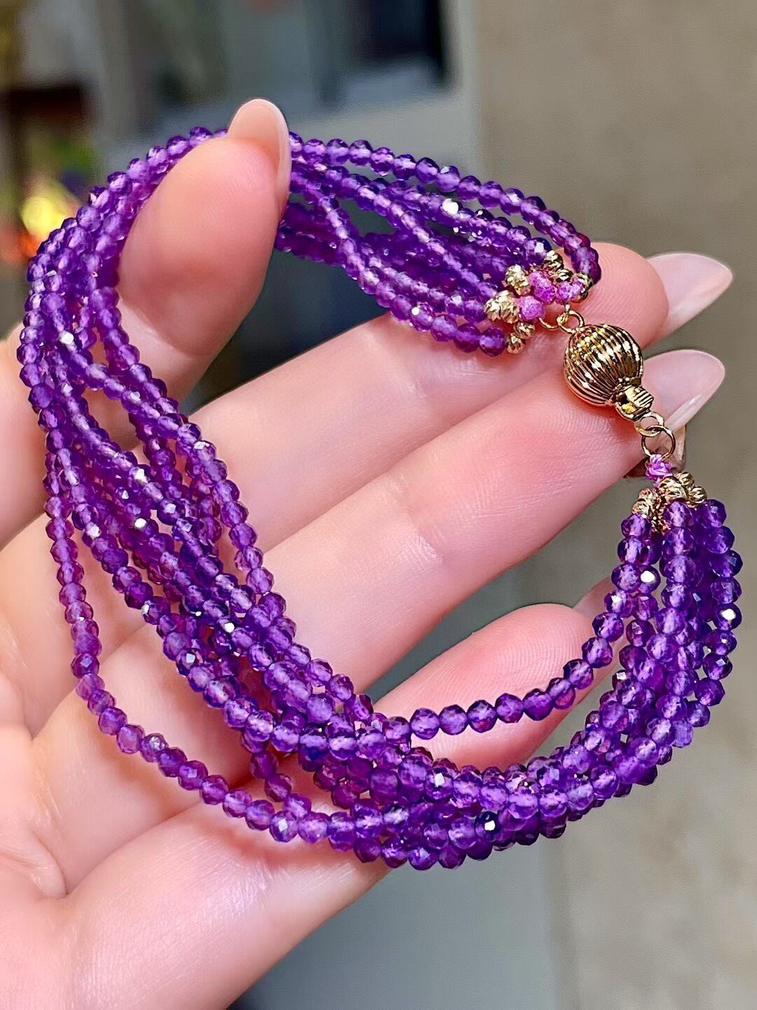 Eight-Strand Faceted Amethyst Bracelet with Gold-Tone Toggle Clasp