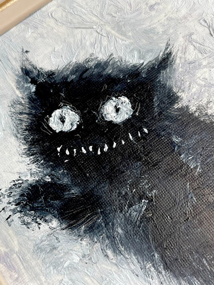 Hand-Painted Oil Black Cat Artwork, 16x21cm Framed