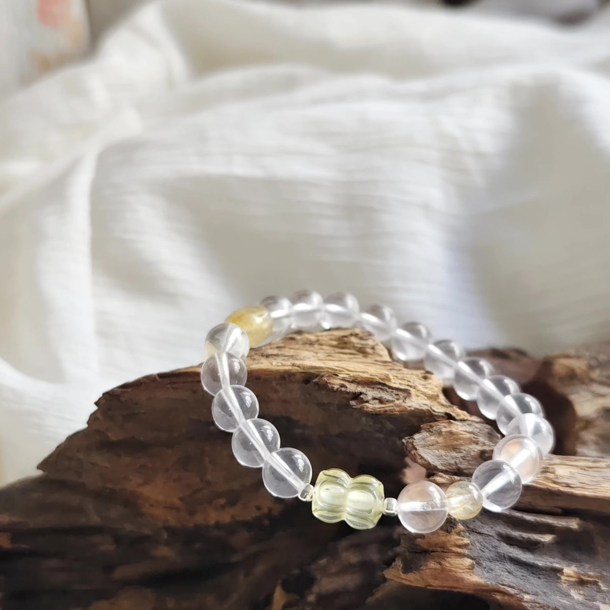 White Crystal Beaded Bracelet with Twin Lotus