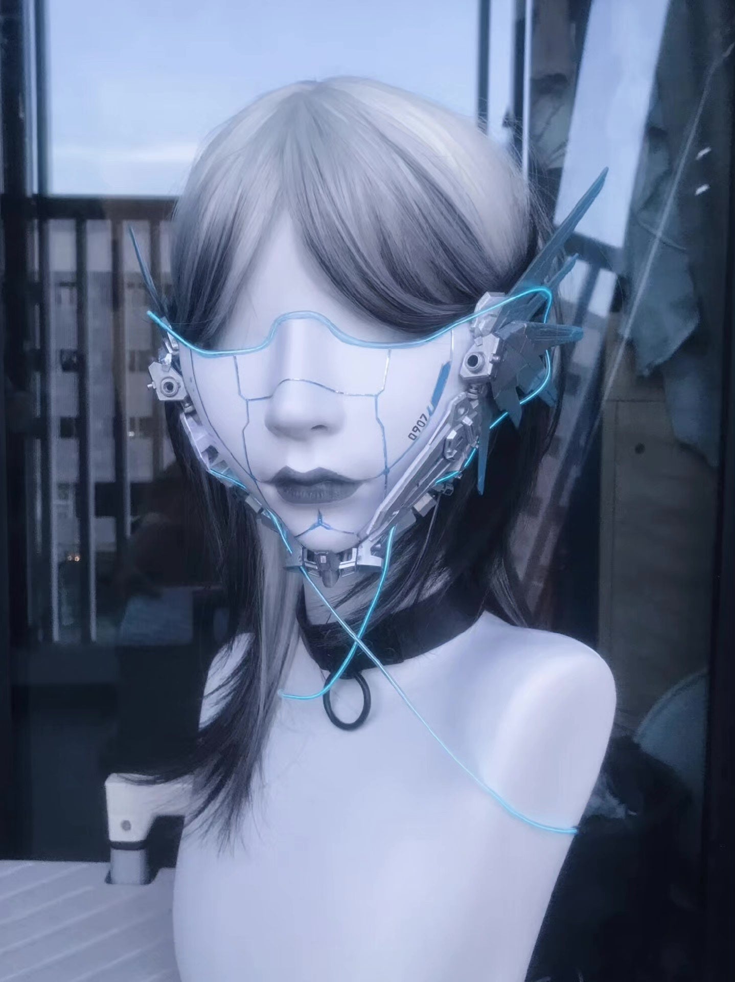 Cyberpunk Half-Face Mask with Cyan Fiber Optic Lighting