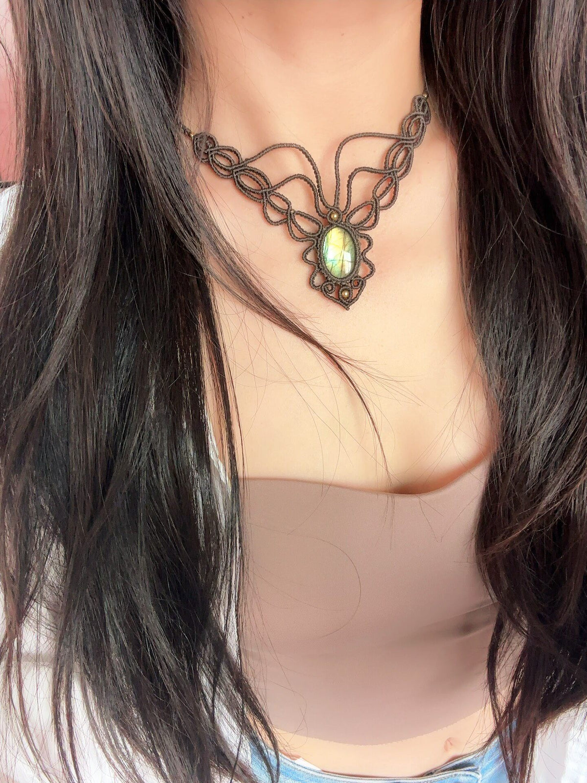 Handcrafted Macrame Necklace With Iridescent Stone