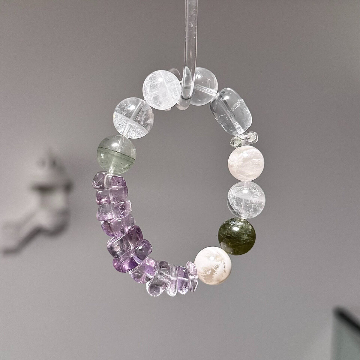 Green Phantom Amethyst White Quartz Beaded Bracelet
