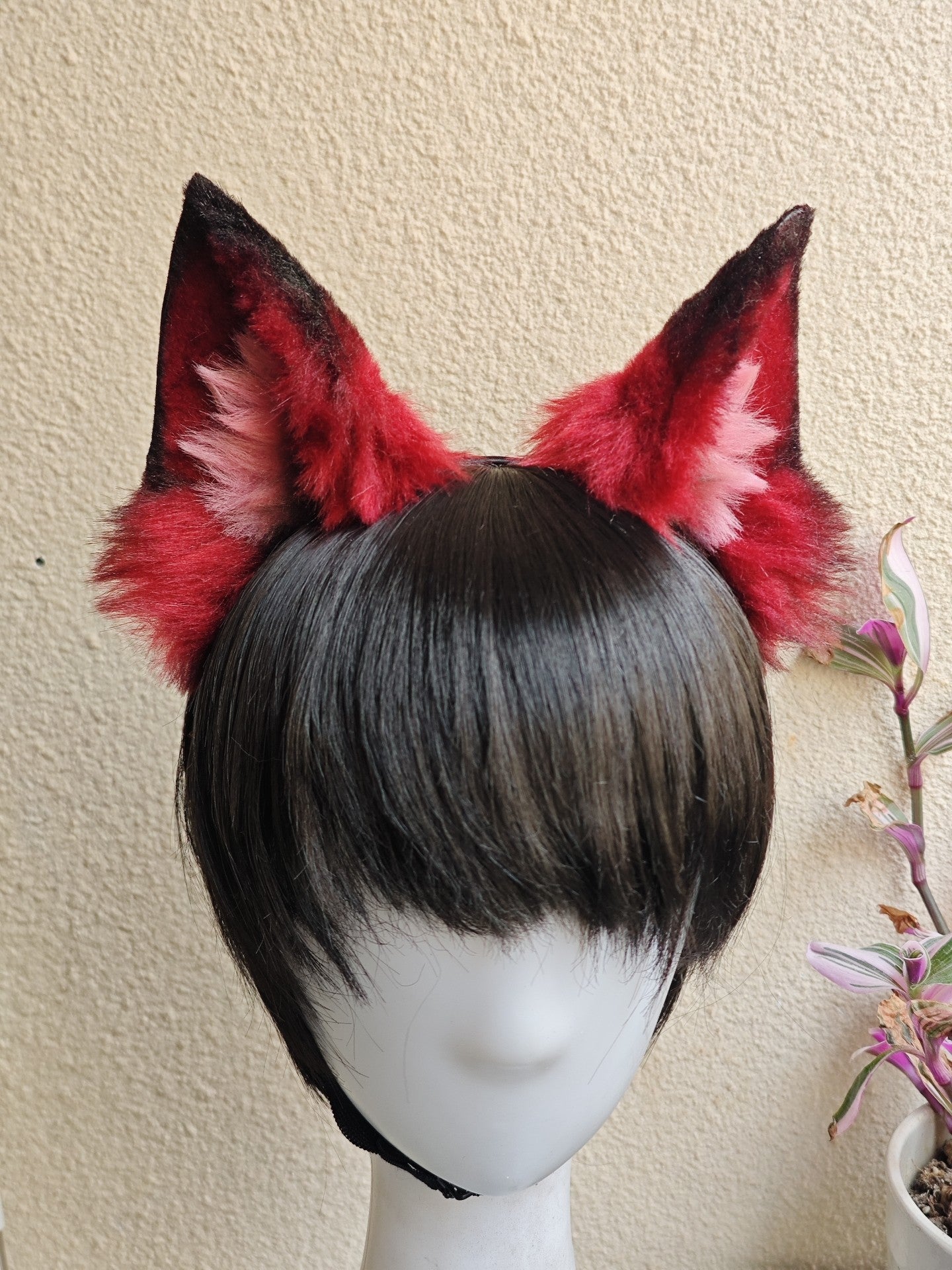 Handmade Dog Ears Headband - Red Black Gradient with Pink Fur Accent