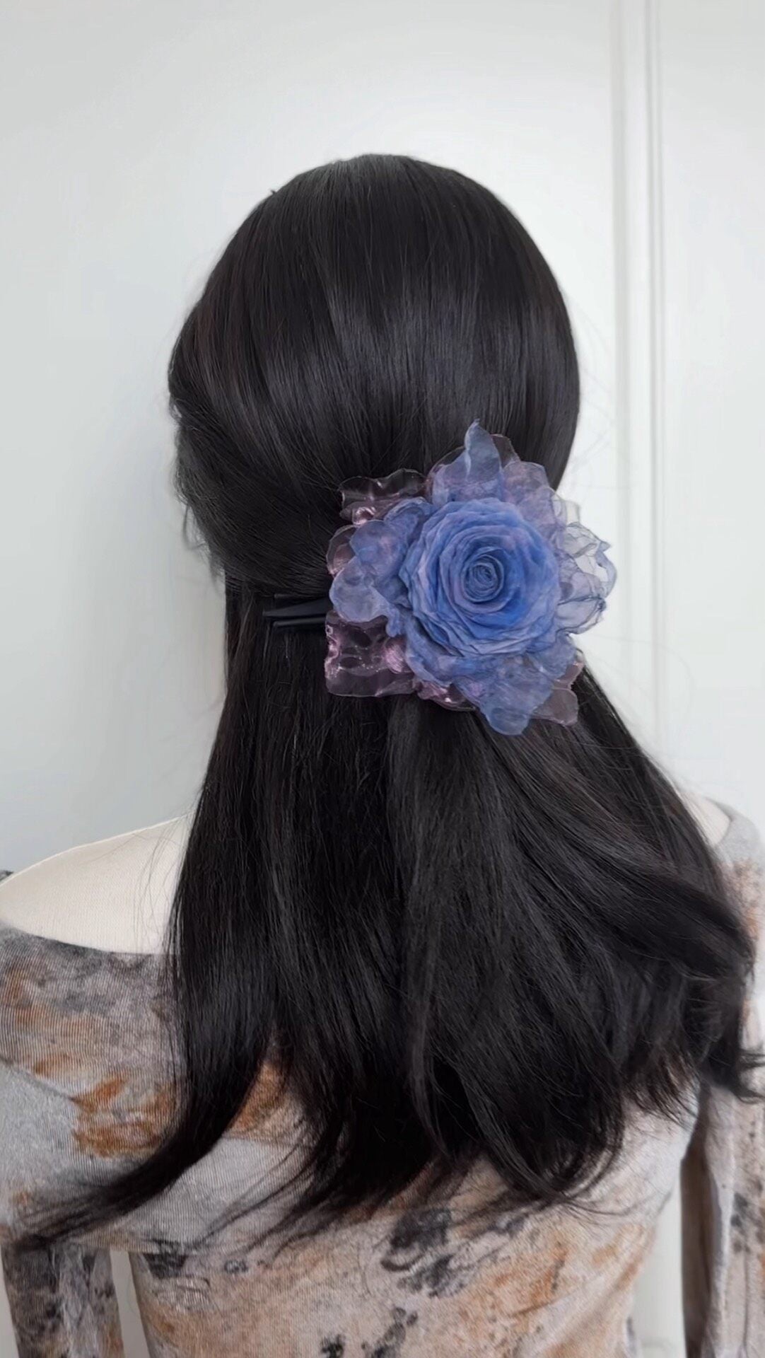 Handmade Organza Rose Claw Clip Blue Lavender