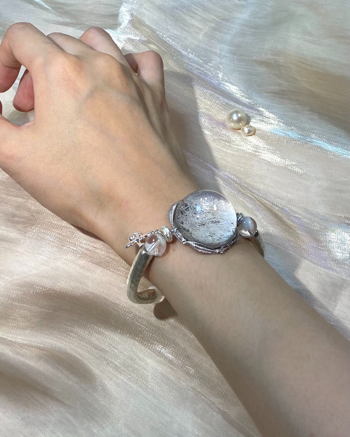 White Mica Cabochon Bracelet Sterling Silver