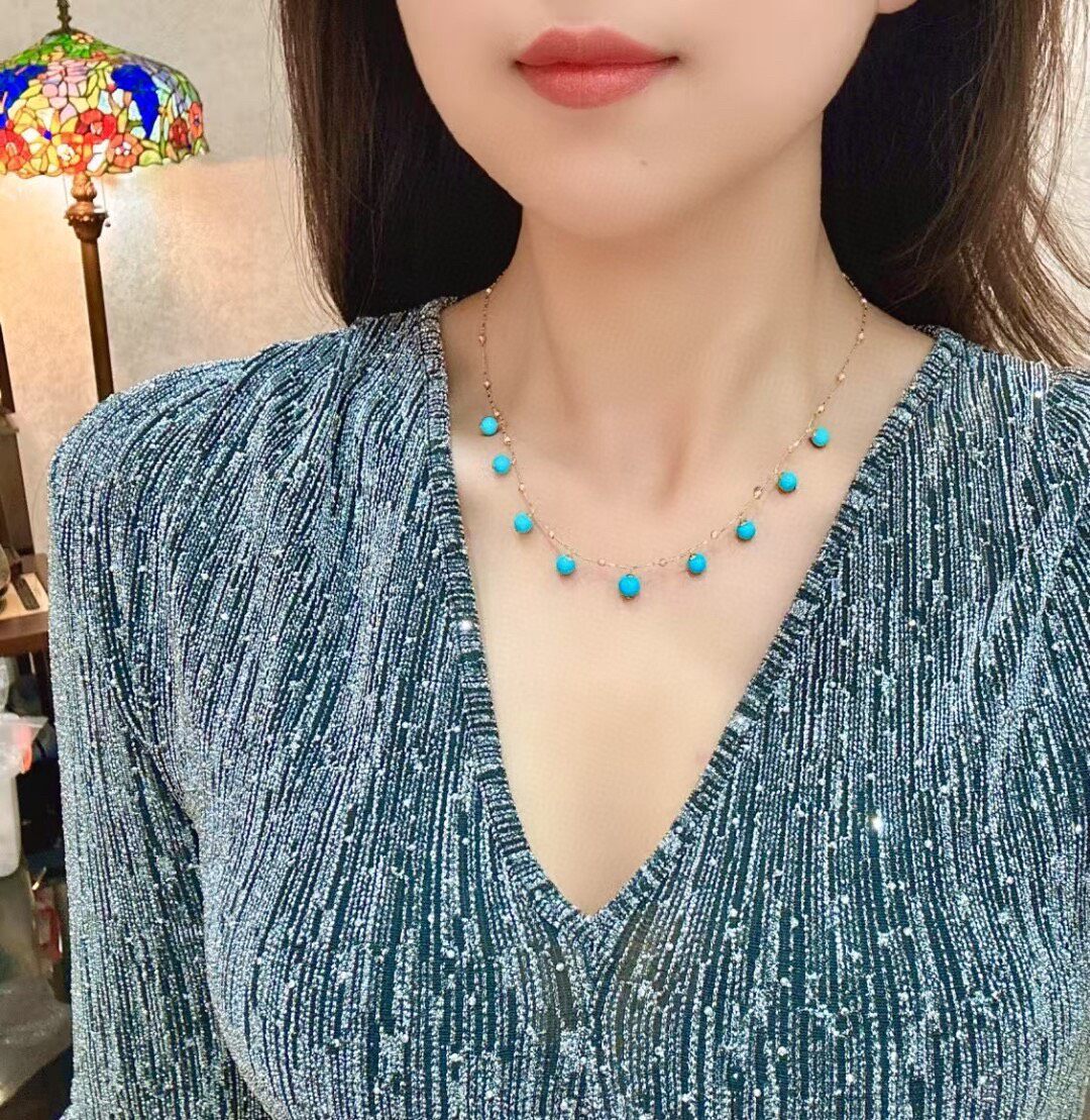 18K Gold Sleeping Beauty Turquoise Bead Necklace