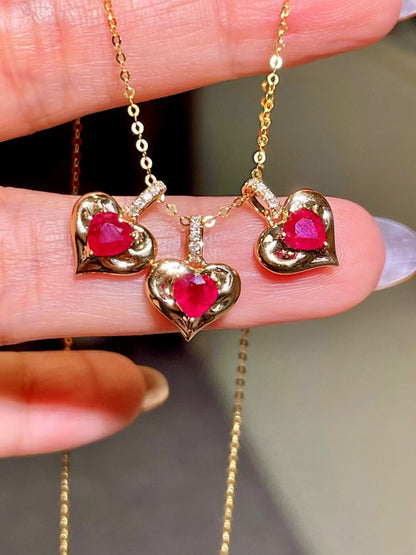 18K Gold Heart Pendant Necklace and Stud Earrings Set with Red Gemstones