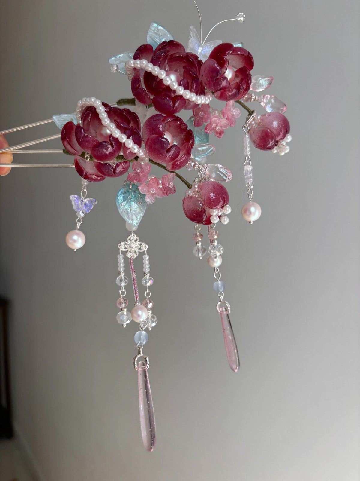 Liuli Glass Floral Hair Fork with Tassels