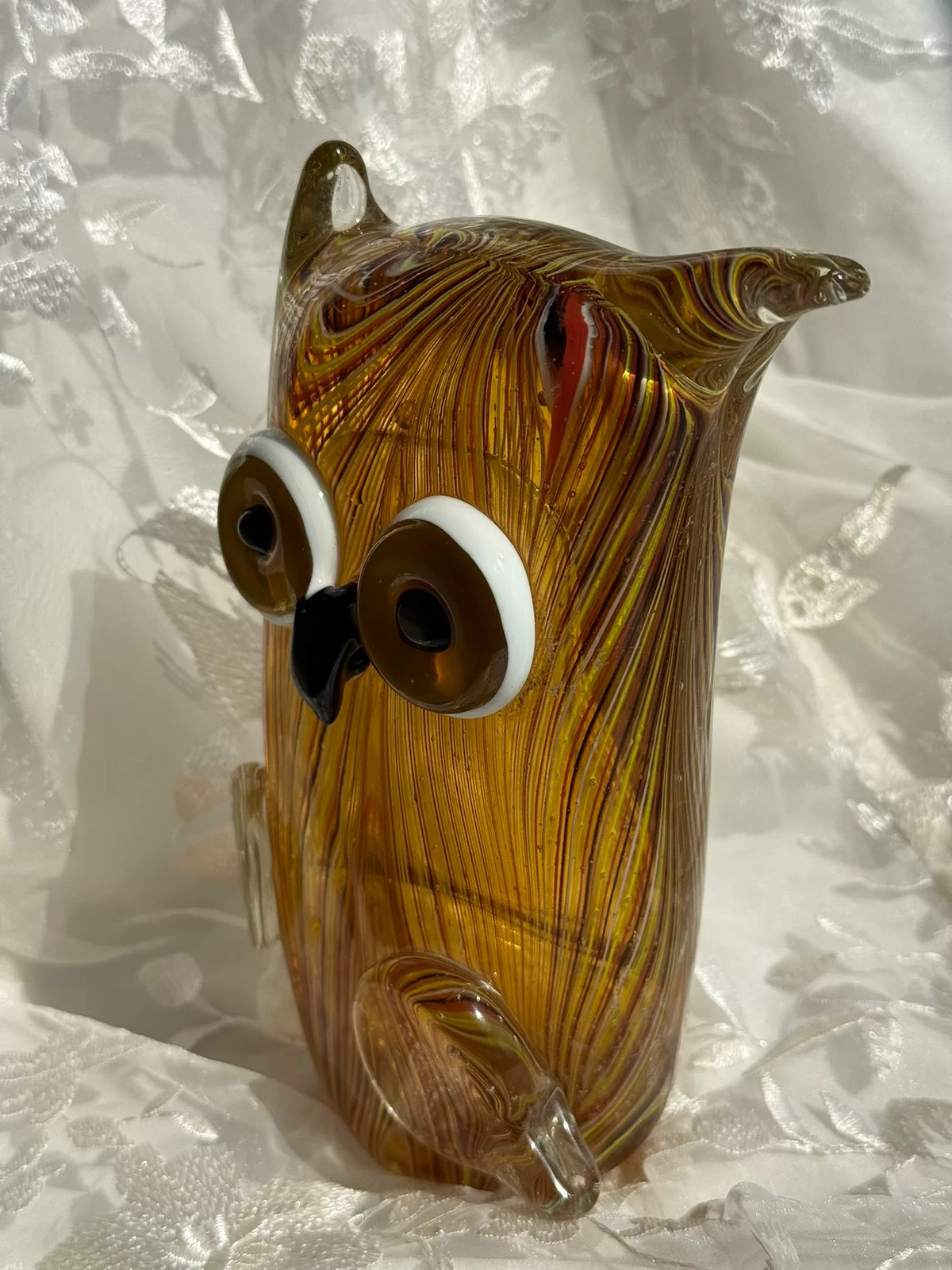 Vintage Glas-Eule Figur mit Bernstein-Wirbelmuster