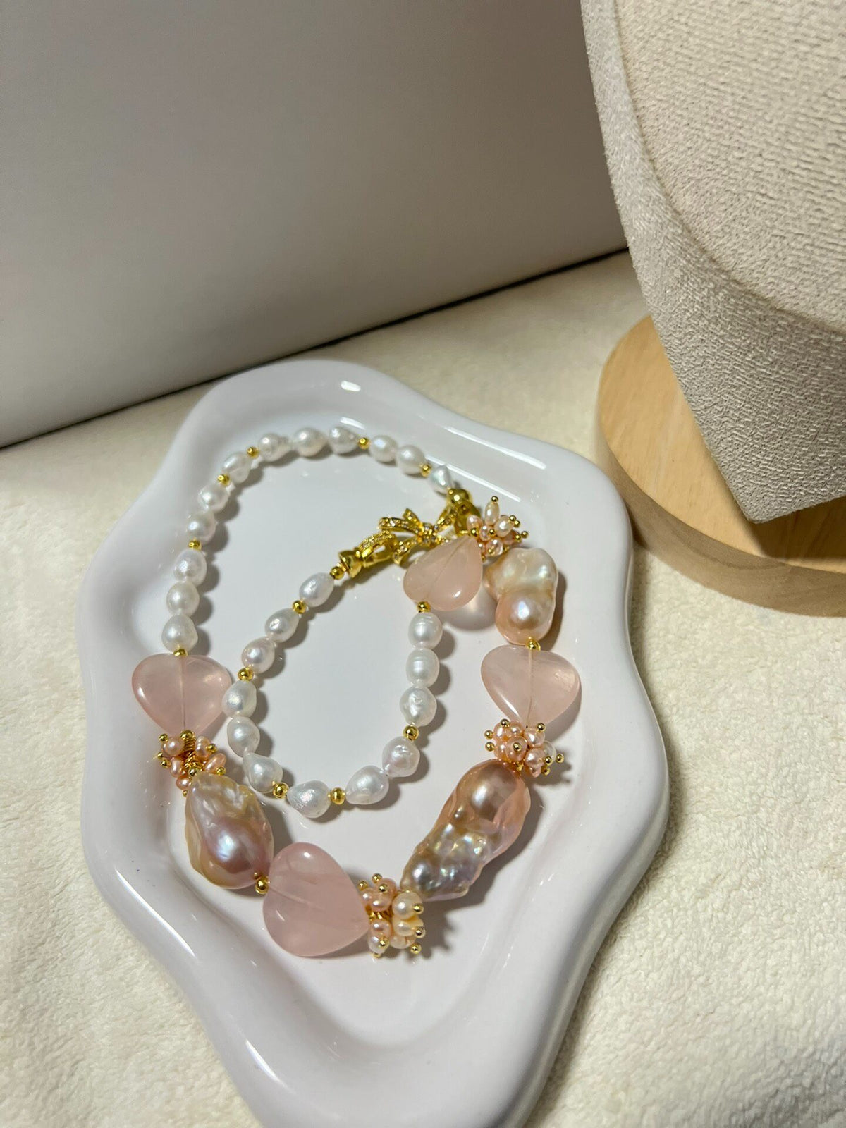 Pink Quartz and Baroque Pearl Necklace