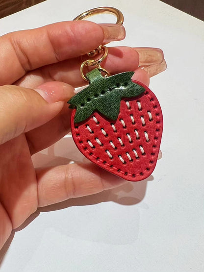 Handmade Strawberry Keychain with Vegetable-Tanned Leather