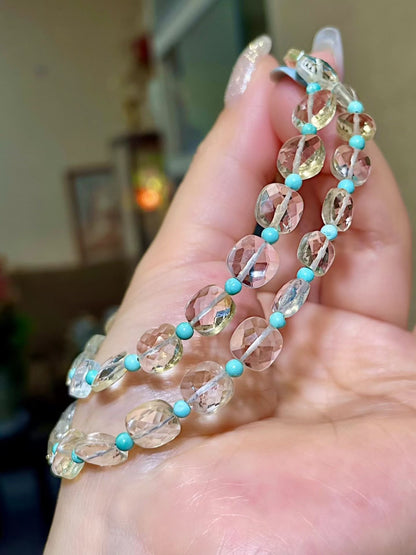 Faceted Yellow Quartz and Turquoise Beaded Necklace, 43.5cm