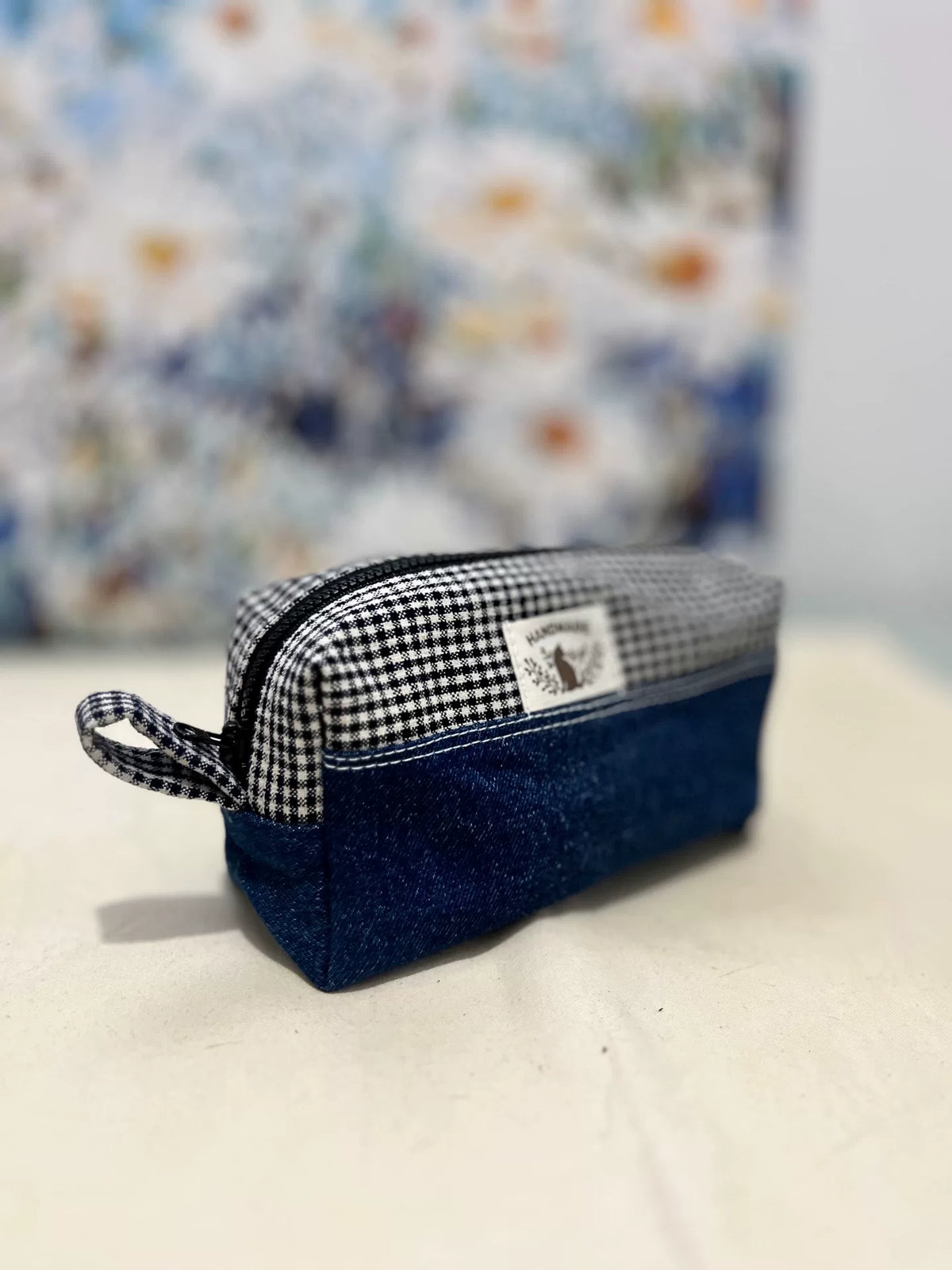 Gingham Denim Patchwork Cosmetic Pouch Handmade