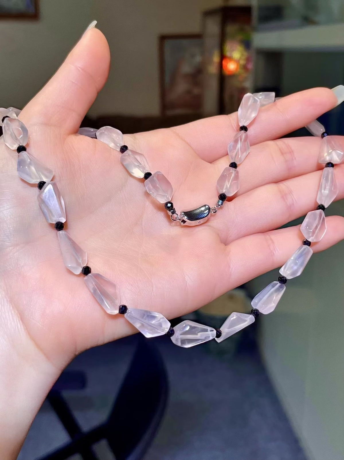 Rose Quartz and Black Spinel Beaded Necklace