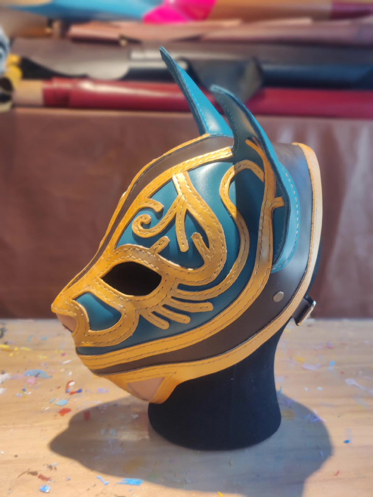 Handcrafted Leather Animal Mask with Gold Accents