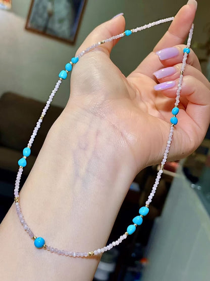 Turquoise and Rose Quartz Beaded Necklace with Gold Spacers