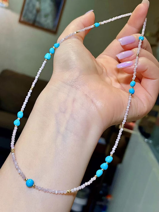 Turquoise and Rose Quartz Beaded Necklace with Gold Spacers