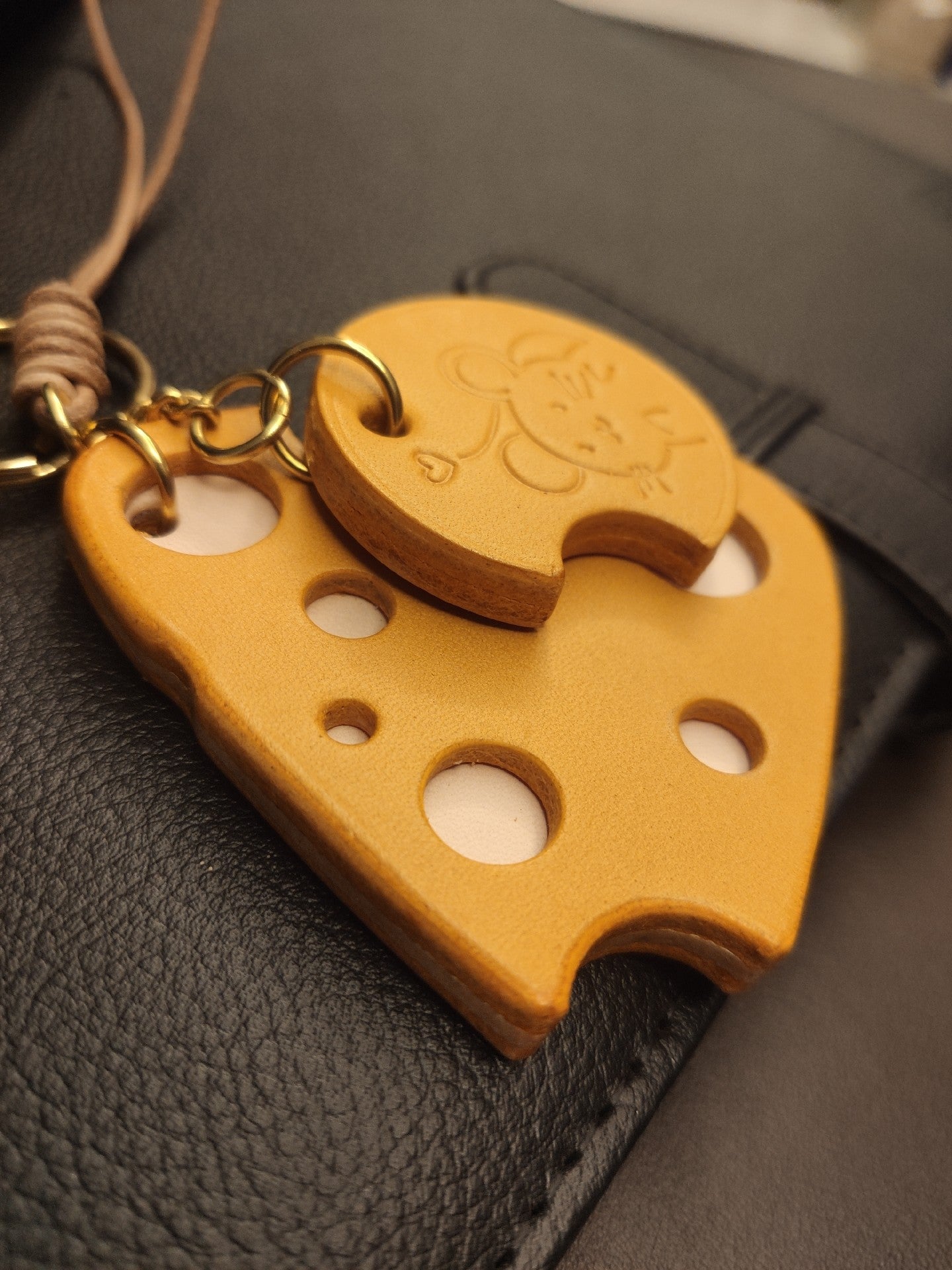Handmade Leather Cheese and Mouse Bag Charm Keychain