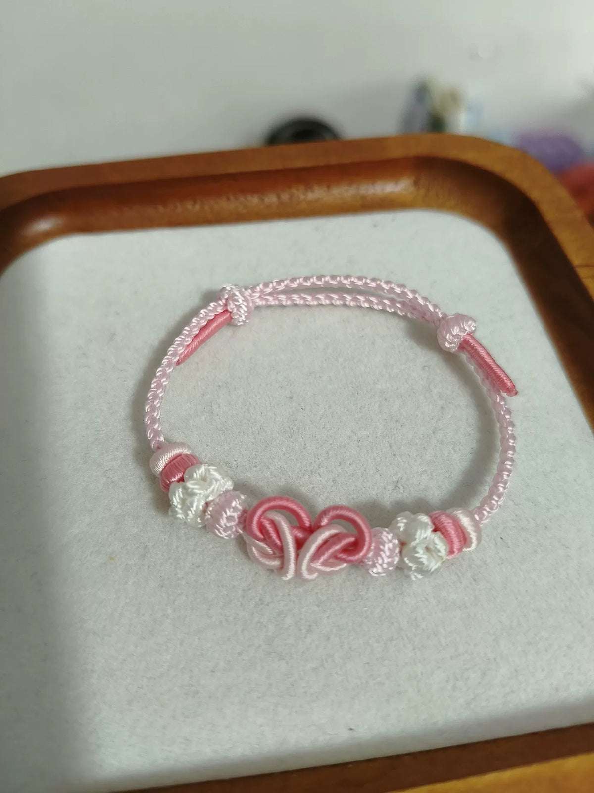 Handmade Braided Cord Bracelet Pink White Heart