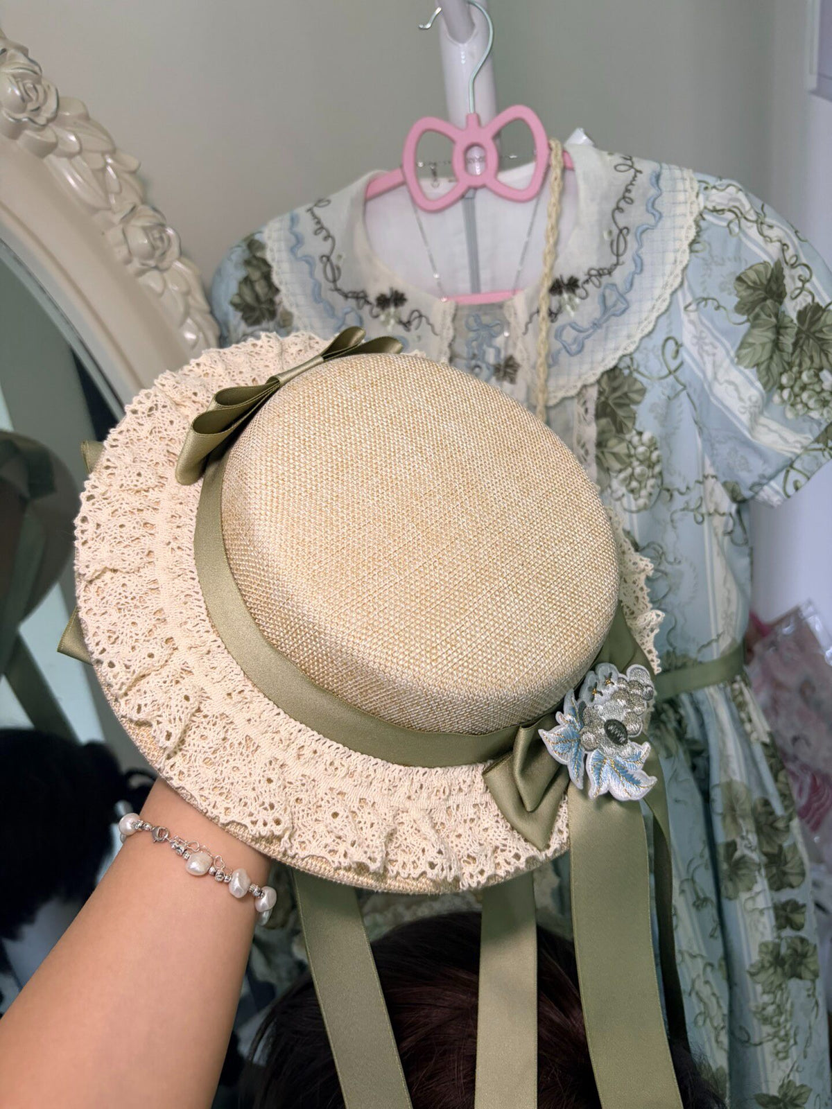 Lolita Flat Straw Hat with Grape Brooch